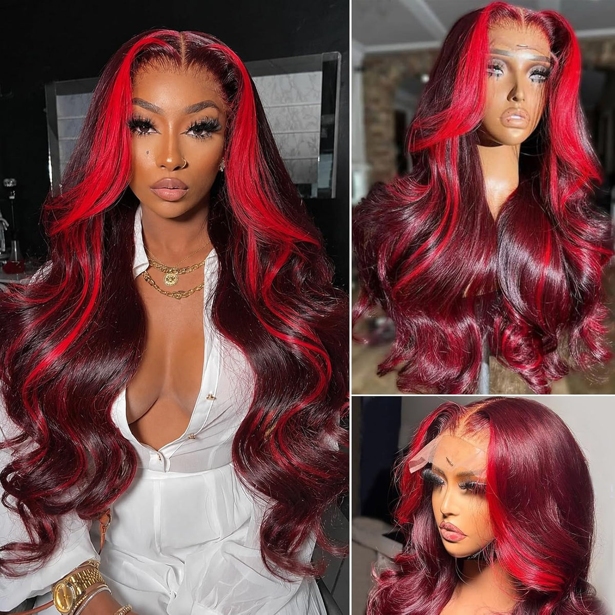 99J Red Skunk Stripe Body Wave Wig | 13x6 HD Lace Front | 180% Density | Pre-Plucked | Kimone's Hair Deluxe