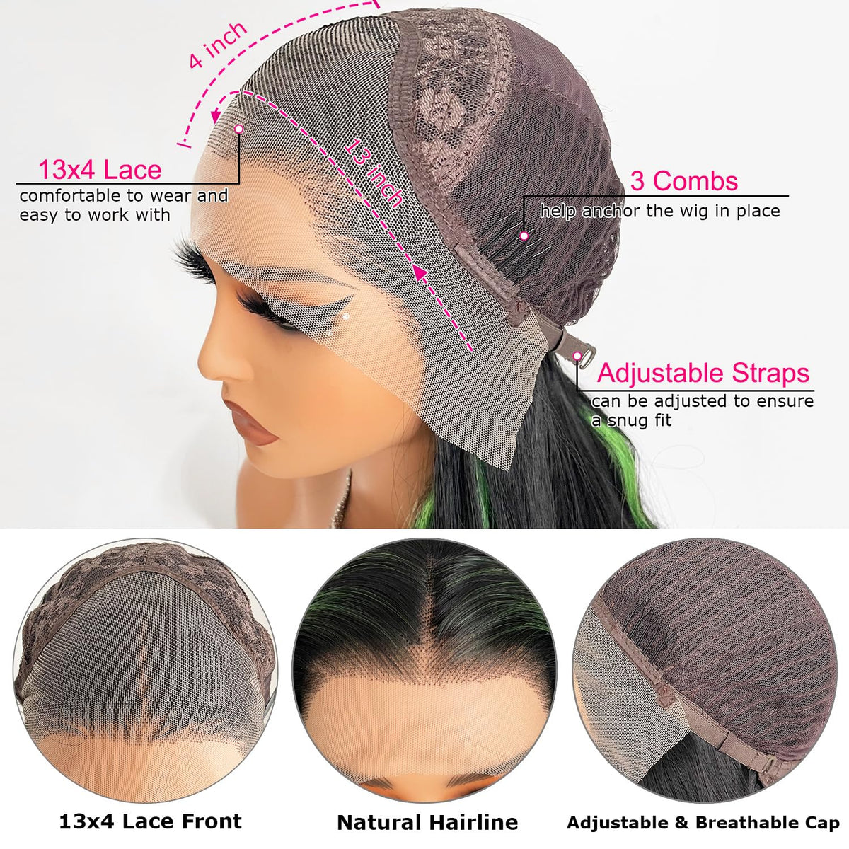 Black Green Skunk Stripe Body Wave Wig | 13x4 HD Lace Front | 180% Density | Pre-Plucked | Kimone's Hair Deluxe