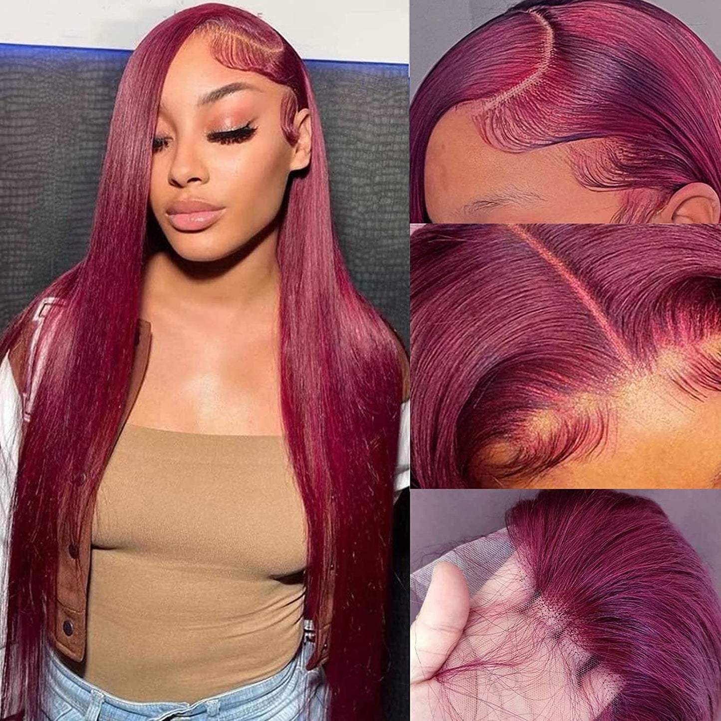 99j Reddish Burgundy 13x4 HD Lace Front Human Hair Wigs Straight 180% Density