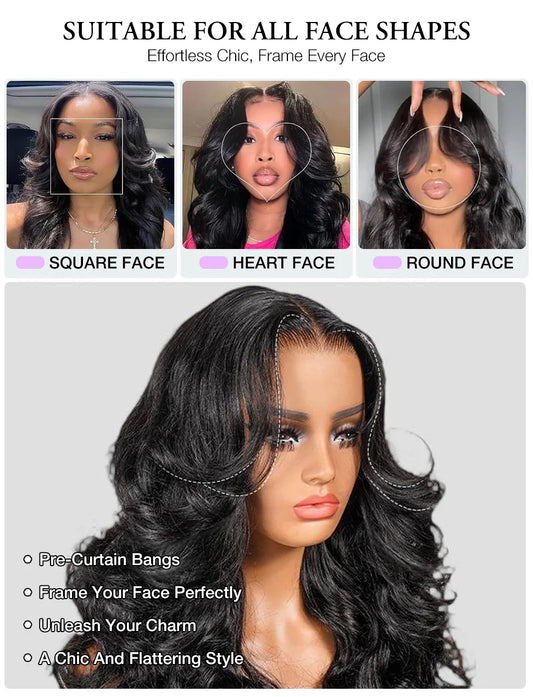 Black wig with pre-curtain bangs displayed on a mannequin head, suitable for various face shapes.