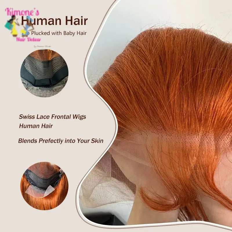 Reddish-brown wig with Swiss lace frontal on a beige background, showing pre-plucked baby hair.