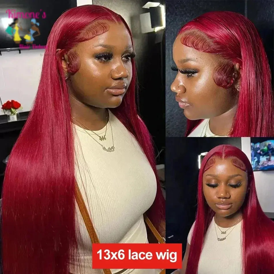 Woman with red hair styled in a wig, shown from different angles.