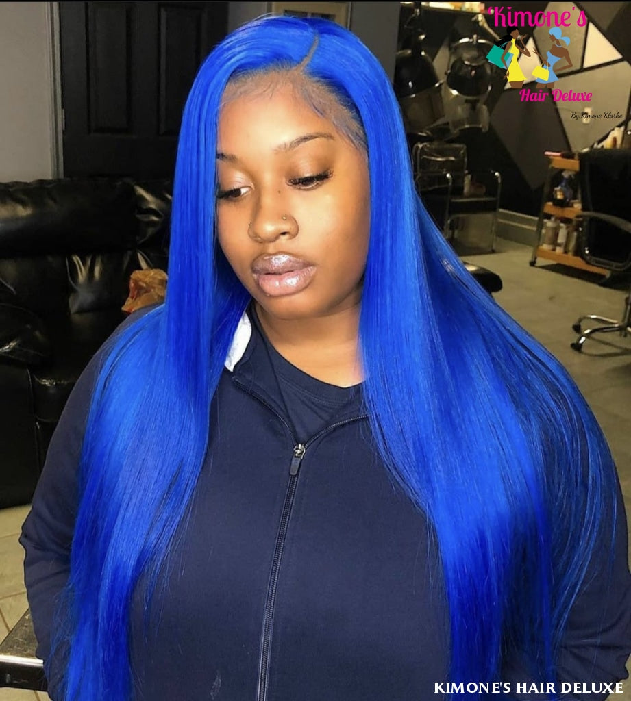 Brazilian Remy Blue Color 13X4 Transparent Lace Wig Straight Part Front Human Hair Pre Plucked