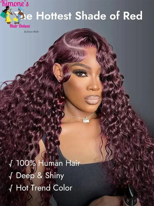 Bold Color | Black Cherry Water Wave Wig | 13x4 HD Transparent Lace | Pre-Cut, Pre-Bleached, Glueless | 150% Density Kimone's Hair Deluxe