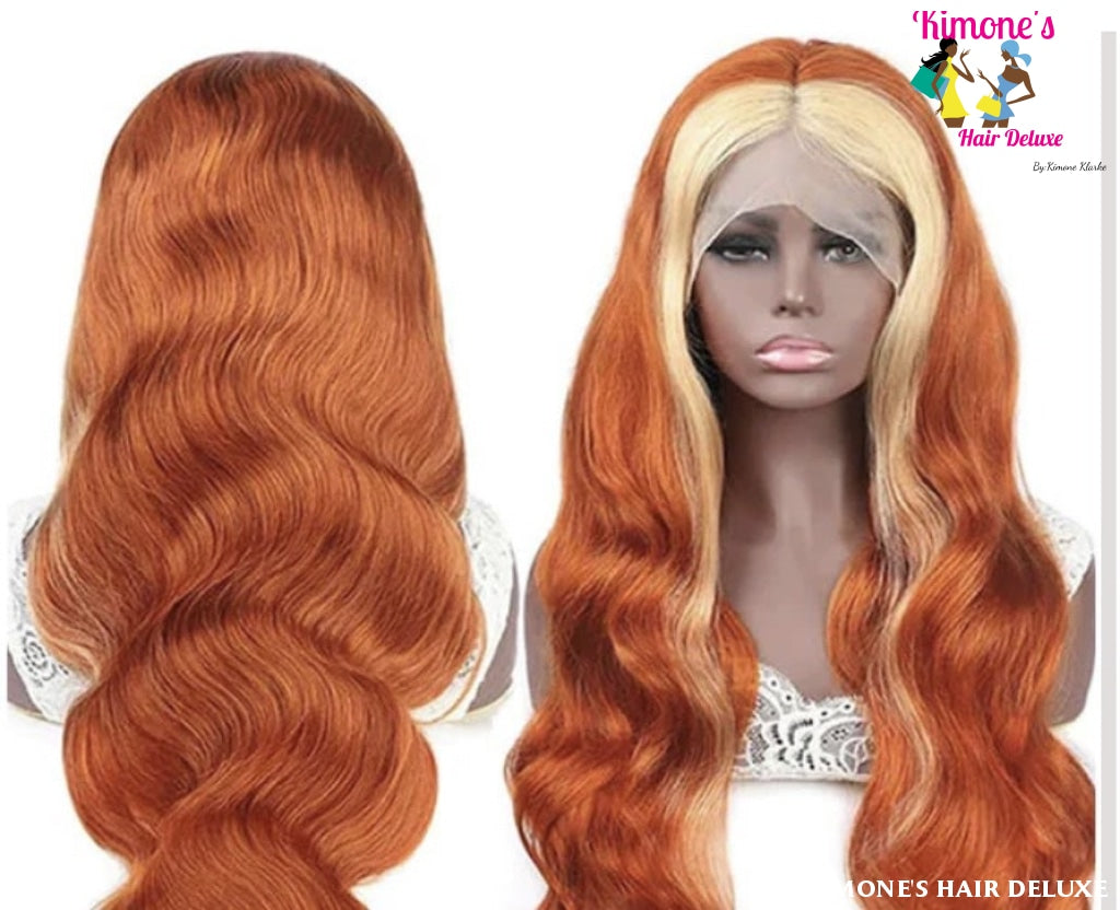 Skunk Stripe Ginger Orange With Blonde Streak Color Straight Peruvian 13*4 Hd Lace Front Wig 180%