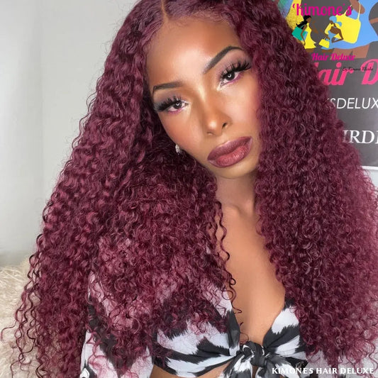 Cherry Burgundy Red 99J Kinky Curly Lace Front Wig - Kimone's Hair Deluxe