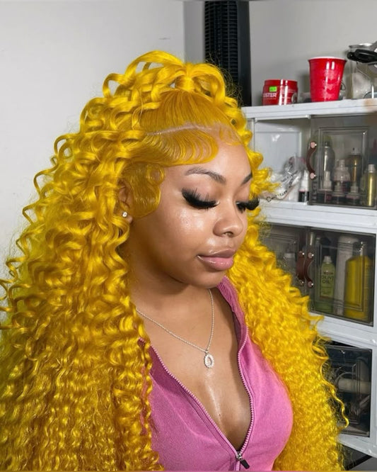 Bold Color | Yellow Deep Wave Wig | 13x6 HD Lace Front | 180% Density | 100% Human Hair | 20"-34"