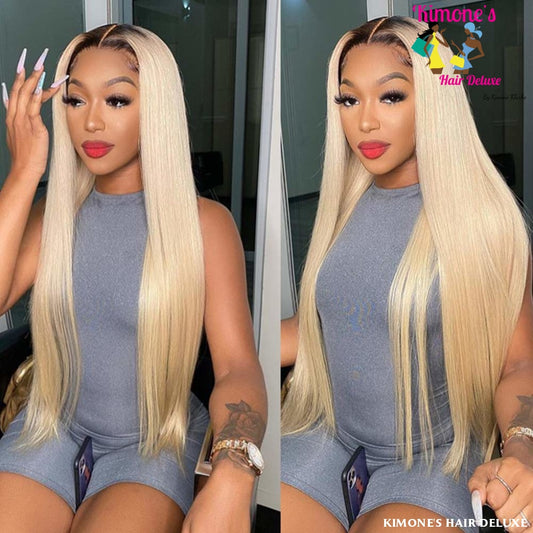 13X4 1B/613 Straight Human Hair Medium Brown Lace Deep Part 2 Tones 613 Frontal Wigs With Dark Roots