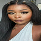 Close-up of a 13x4 HD lace kinky straight human hair wig with pre-styled curly baby hair edges and natural-looking 180% density.