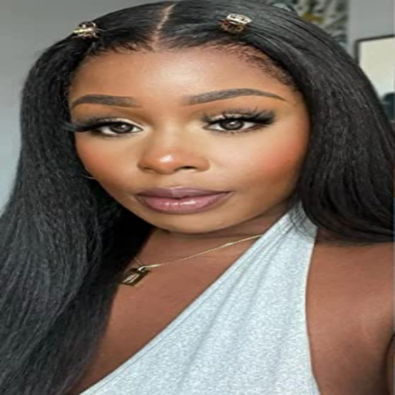 Close-up of a 13x4 HD lace kinky straight human hair wig with pre-styled curly baby hair edges and natural-looking 180% density.