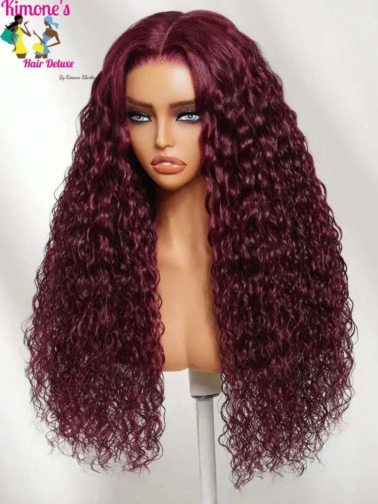 Bold Color | Black Cherry Water Wave Wig | 13x4 HD Transparent Lace | Pre-Cut, Pre-Bleached, Glueless | 150% Density Kimone's Hair Deluxe