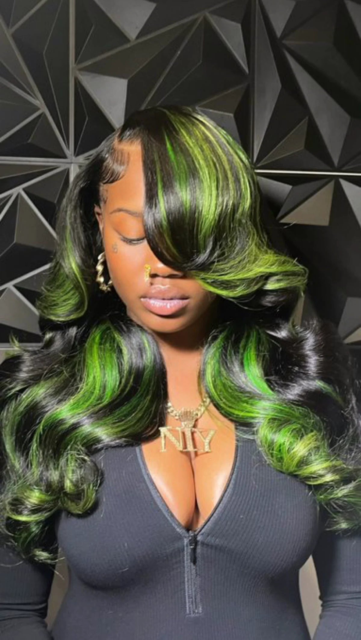 Black Green Skunk Stripe Body Wave Wig | 13x4 HD Lace Front | 180% Density | Pre-Plucked | Kimone's Hair Deluxe Kimone's Hair Deluxe