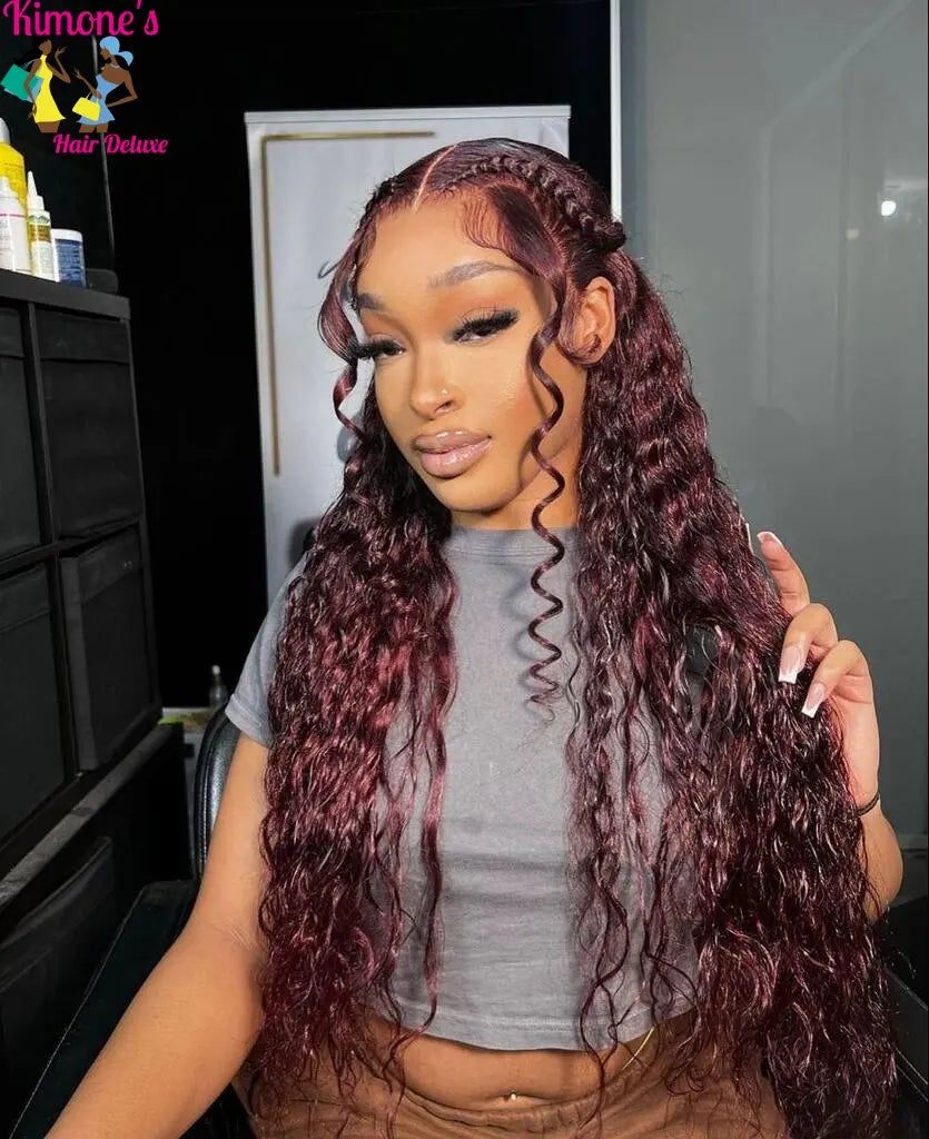 Bold Color | Black Cherry Water Wave Wig | 13x4 HD Transparent Lace | Pre-Cut, Pre-Bleached, Glueless | 150% Density Kimone's Hair Deluxe