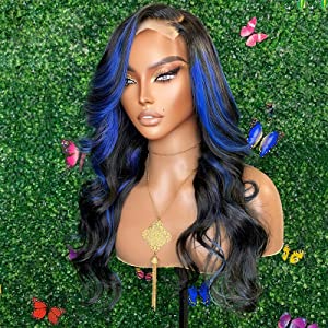 13x4/13x6 HD SKunk stripe Bodywave Black & Blue Highlights 180% Lace front  wig 14-26