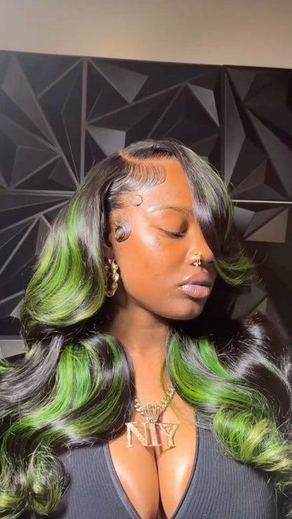 Black Green Skunk Stripe Body Wave Wig | 13x4 HD Lace Front | 180% Density | Pre-Plucked | Kimone's Hair Deluxe Kimone's Hair Deluxe