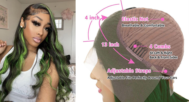 13x4 HD  Green Skunk stripe 180% Brazillian Remy Lace Front 14-26