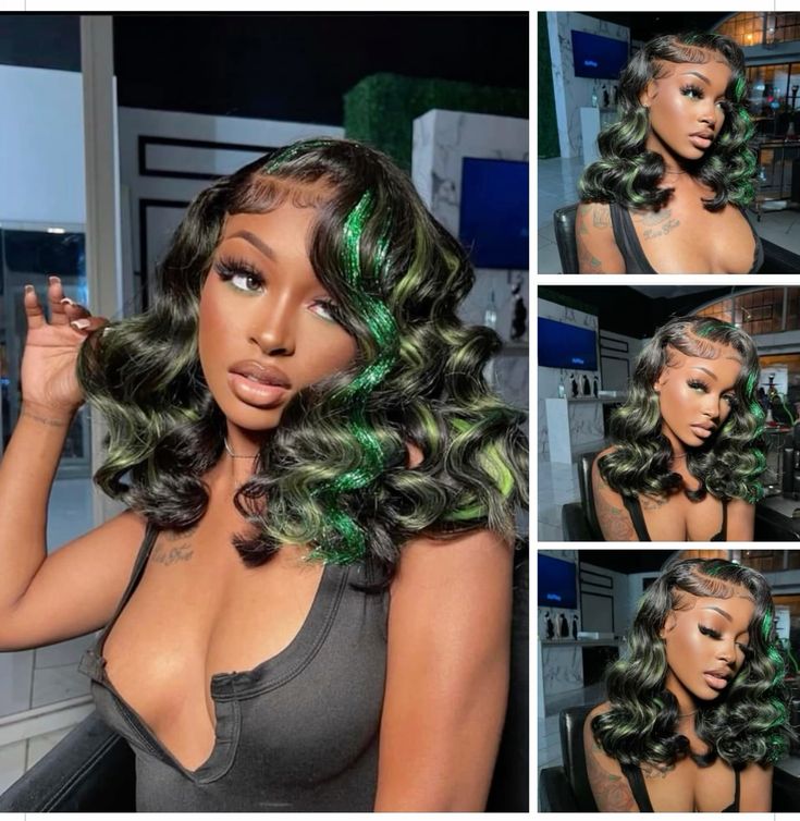 Black Green Skunk Stripe Body Wave Wig | 13x4 HD Lace Front | 180% Density | Pre-Plucked | Kimone's Hair Deluxe Kimone's Hair Deluxe