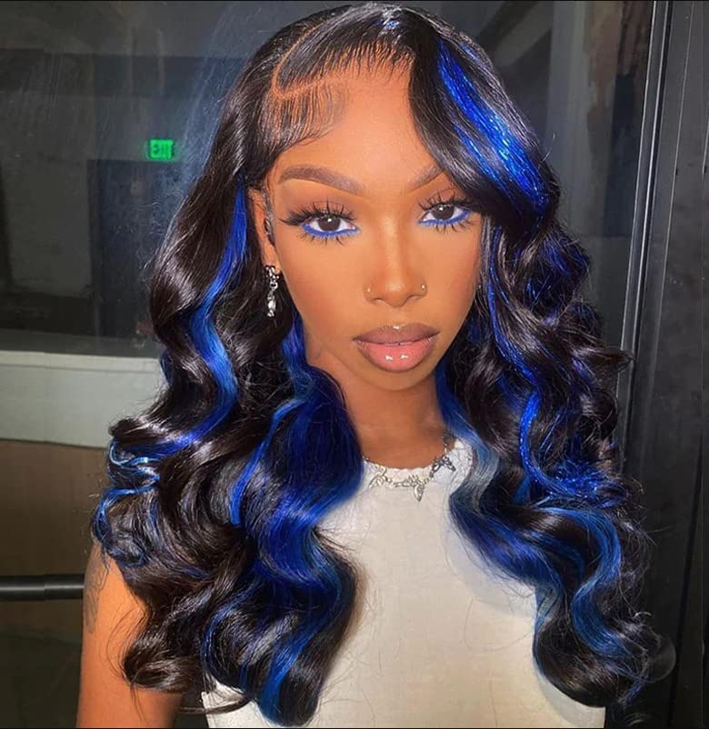 13x4/13x6 HD SKunk stripe Bodywave Black & Blue Highlights 180% Lace front  wig 14-26