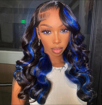 13x4/13x6 HD SKunk stripe Bodywave Black & Blue Highlights 180% Lace front  wig 14-26