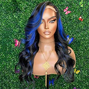 13x4/13x6 HD SKunk stripe Bodywave Black & Blue Highlights 180% Lace front  wig 14-26