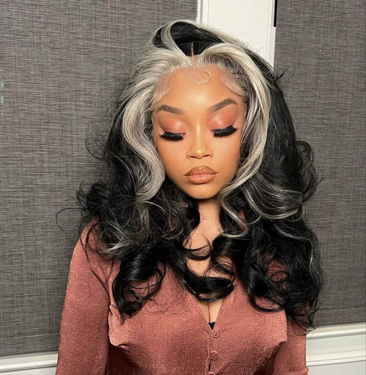 Bold Color Blonde Skunk Stripe Natural  Body Wave Glueless Wig | 18–32 Inches