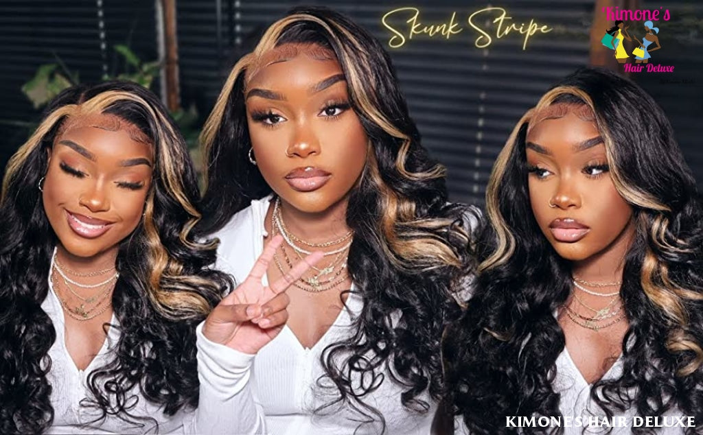 613 Blonde Skunk Stripe 13X4 Natural Black Body Wave 180% Lace Front Wig 10-28In 200168148