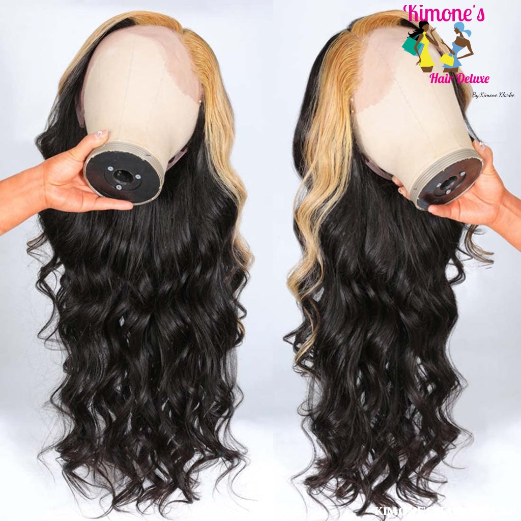 Honey Blonde Skunk Stripe Loose Wave Lace Front Wig 13X4 Human Hair Apparel & Accessories