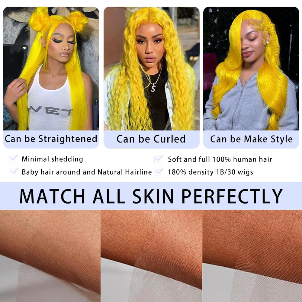 Bold Color | Yellow Deep Wave Wig | 13x6 HD Lace Front | 180% Density | 100% Human Hair | 20"-34"