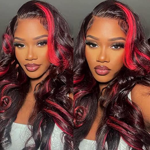 13x6 Red Stripe Skunk Hair 1B Natural Straight Human Hair Wigs 14-30