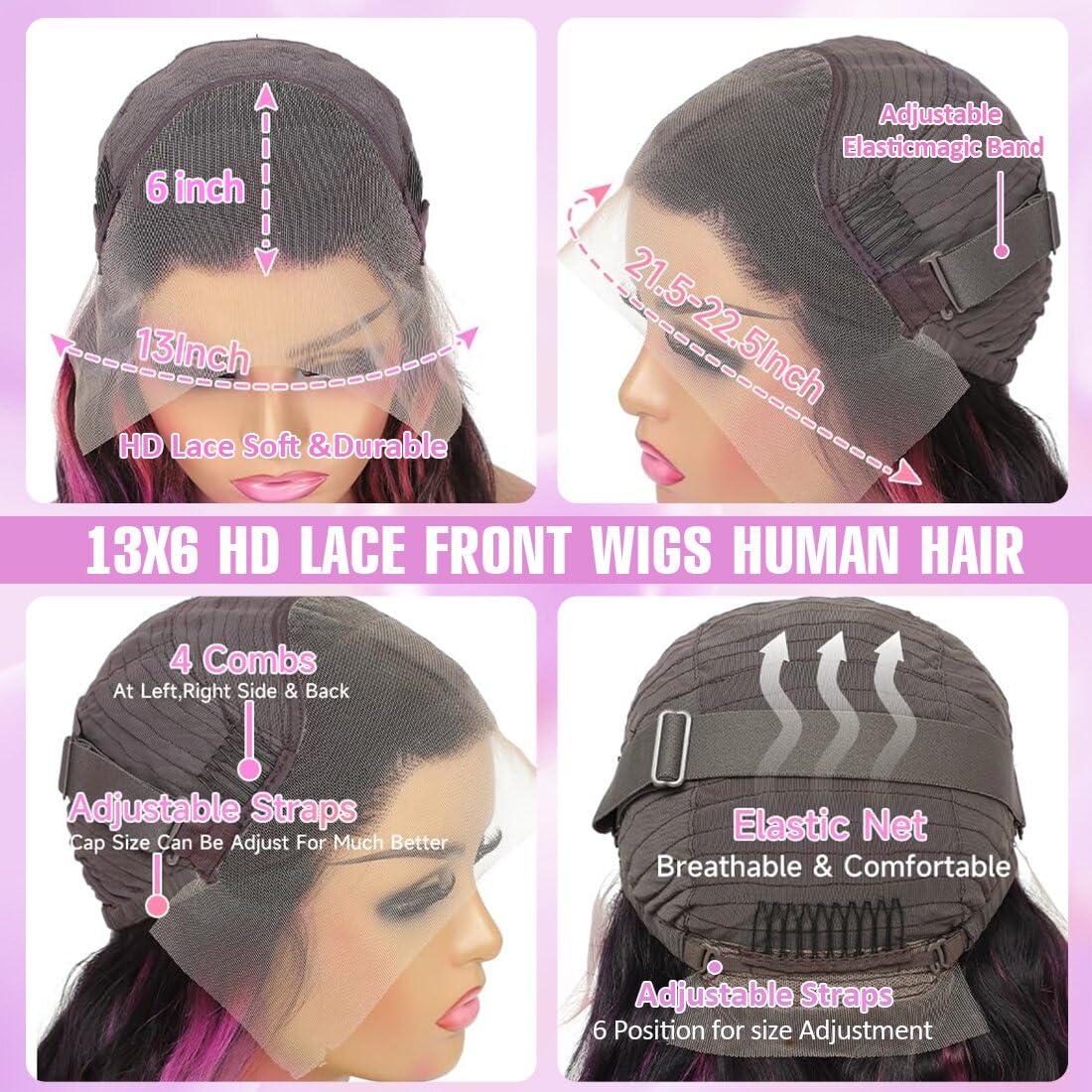 1B/Pink Skunk Stripe Body Wave Wig | 13x6 HD Lace Front | 210% Density | Pre-Plucked | Kimone's Hair Deluxe Kimone's Hair Deluxe