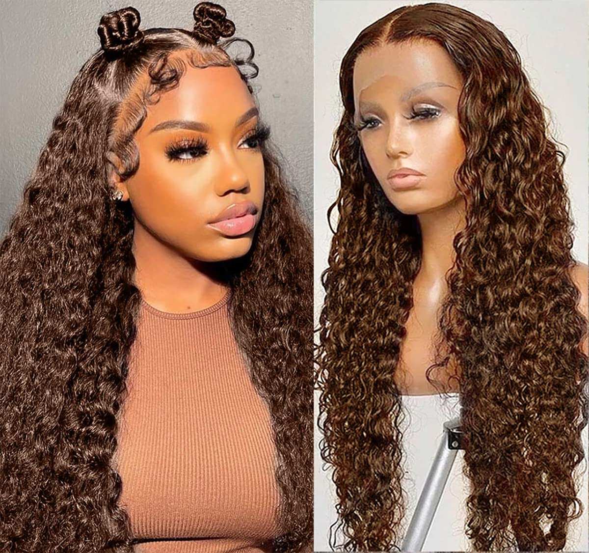 13X4 HD Chocolate Brown #4 Lace Front Human Hair Wig 180%  Virgin Deep wave 10-26in
