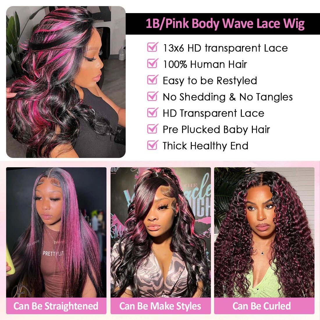 1B/Pink Skunk Stripe Body Wave Wig | 13x6 HD Lace Front | 210% Density | Pre-Plucked | Kimone's Hair Deluxe Kimone's Hair Deluxe