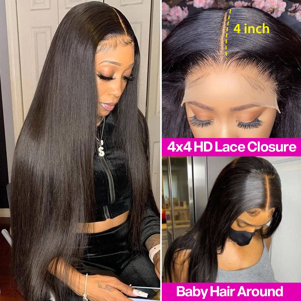 4x4 HD Lace cosure Brazilian Natural Black Straight Remy Hair Closure Wig