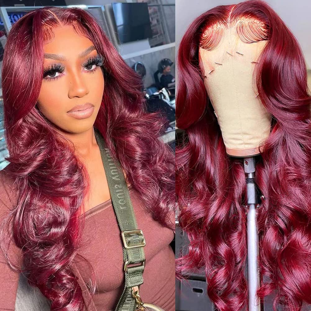 99J Straight 13x4 Front Human Hair Wigs Burgundy Body wave 180% Virgin Hair