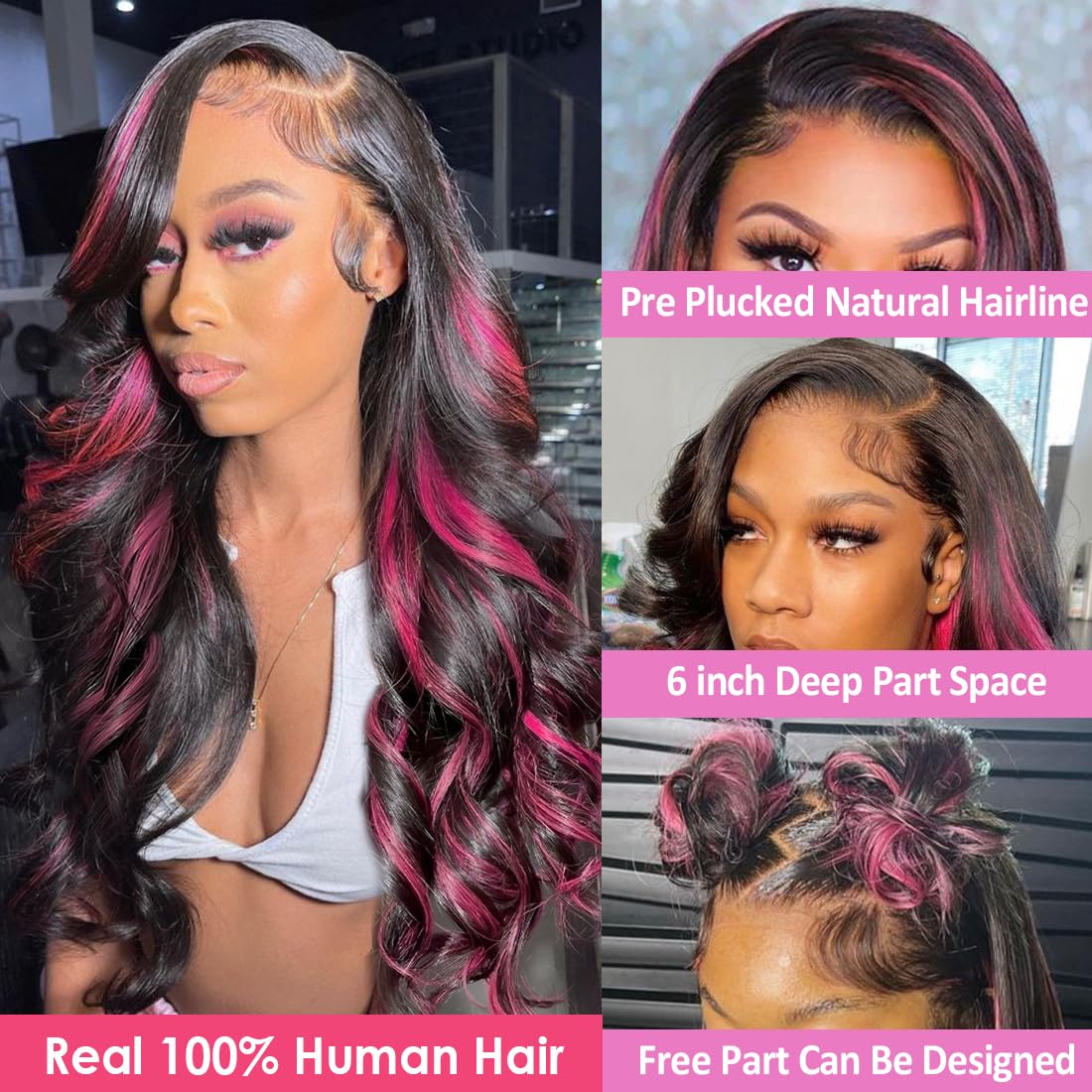 1B/Pink Skunk Stripe Body Wave Wig | 13x6 HD Lace Front | 210% Density | Pre-Plucked | Kimone's Hair Deluxe Kimone's Hair Deluxe
