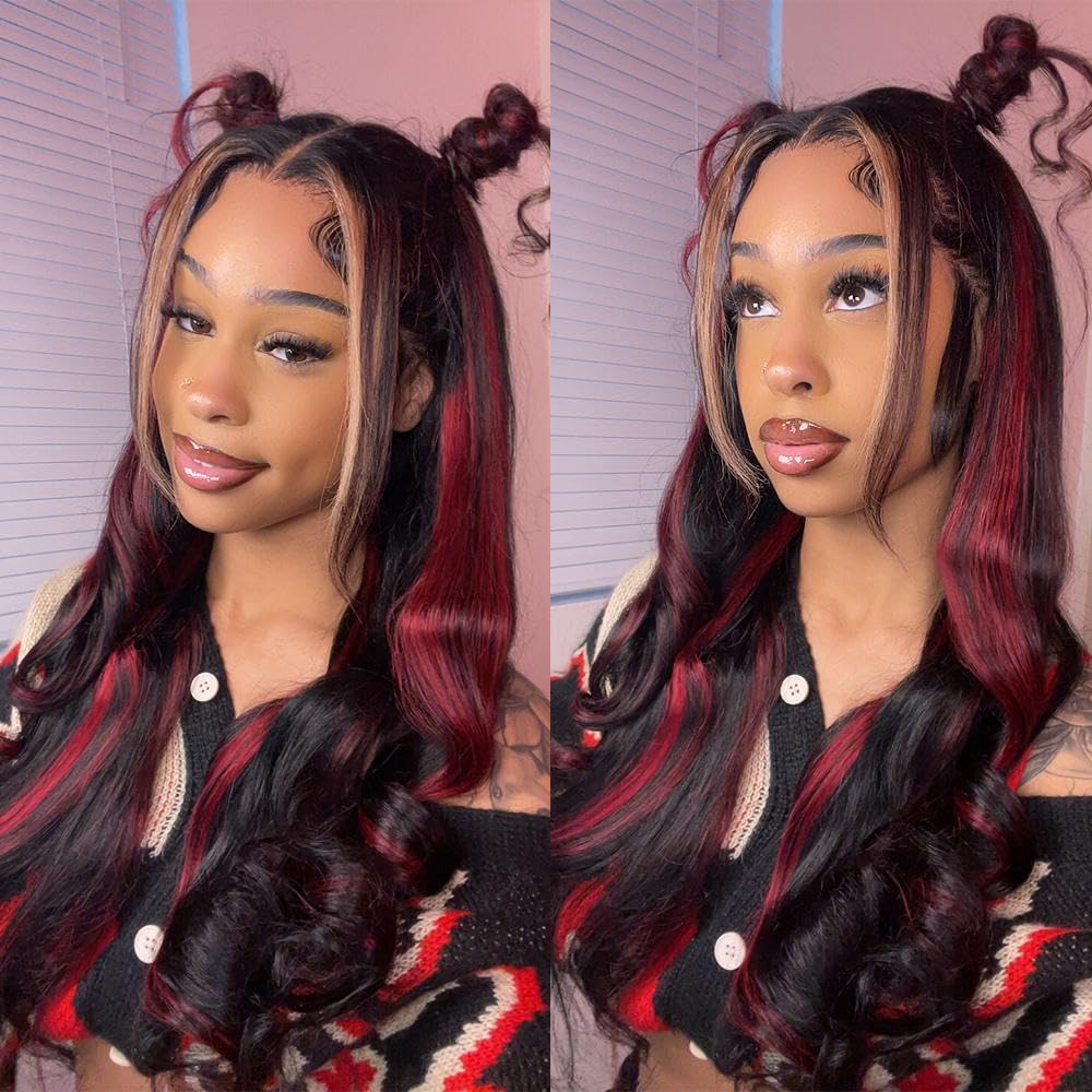 Black Red Blonde Highlight Body Wave Wig | 13x6 HD Lace Front | 180% Density | Pre-Plucked | Kimone's Hair Deluxe Kimone's Hair Deluxe
