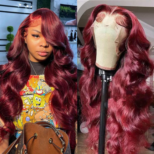 Red Body Wave Lace Front Wig | 13x4 & 13x6 HD Lace | Burgundy 99J | 16–36 Inches Dropshipman