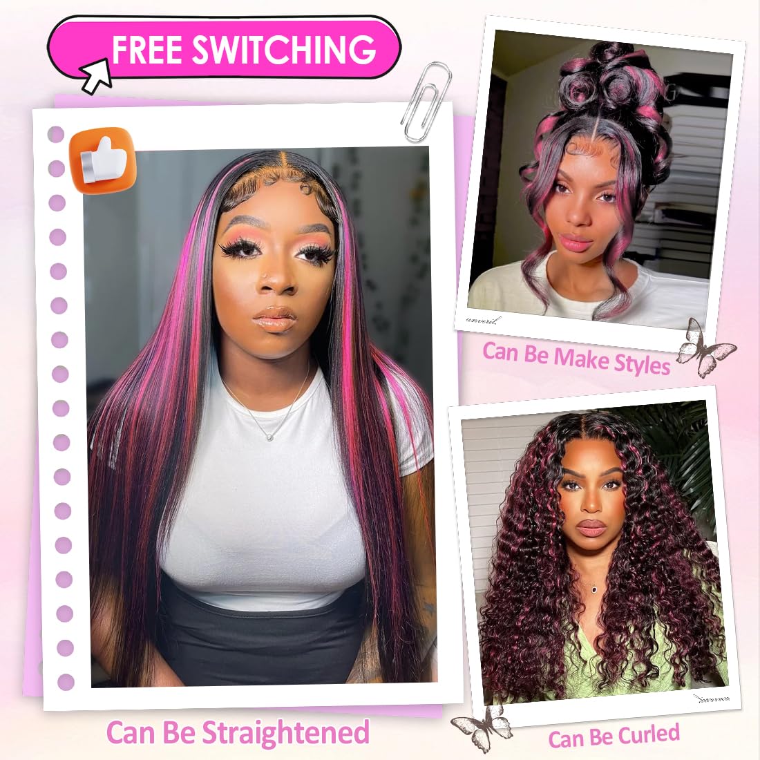 1B/Pink Skunk Stripe Body Wave Wig | 13x6 HD Lace Front | 210% Density | Pre-Plucked | Kimone's Hair Deluxe Kimone's Hair Deluxe