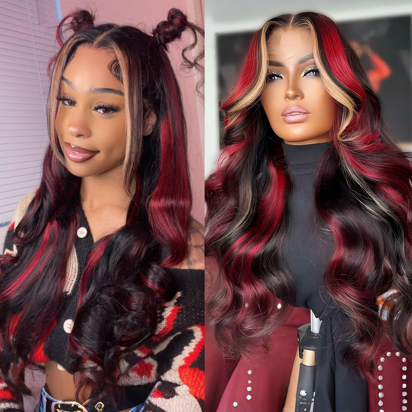 Black Red Blonde Highlight Body Wave Wig | 13x6 HD Lace Front | 180% Density | Pre-Plucked | Kimone's Hair Deluxe Kimone's Hair Deluxe