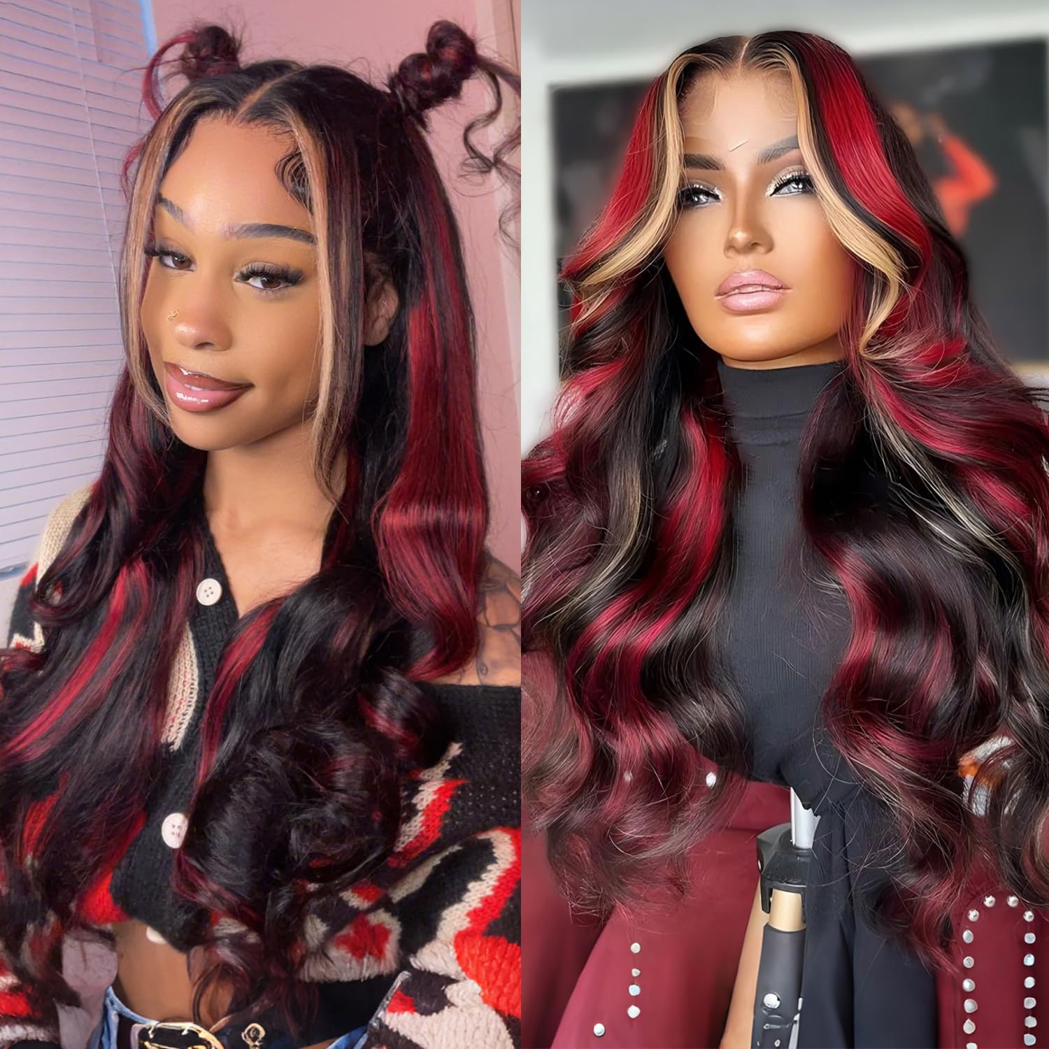 Black Red Blonde Highlight Body Wave Wig | 13x6 HD Lace Front | 180% Density | Pre-Plucked | Kimone's Hair Deluxe Kimone's Hair Deluxe