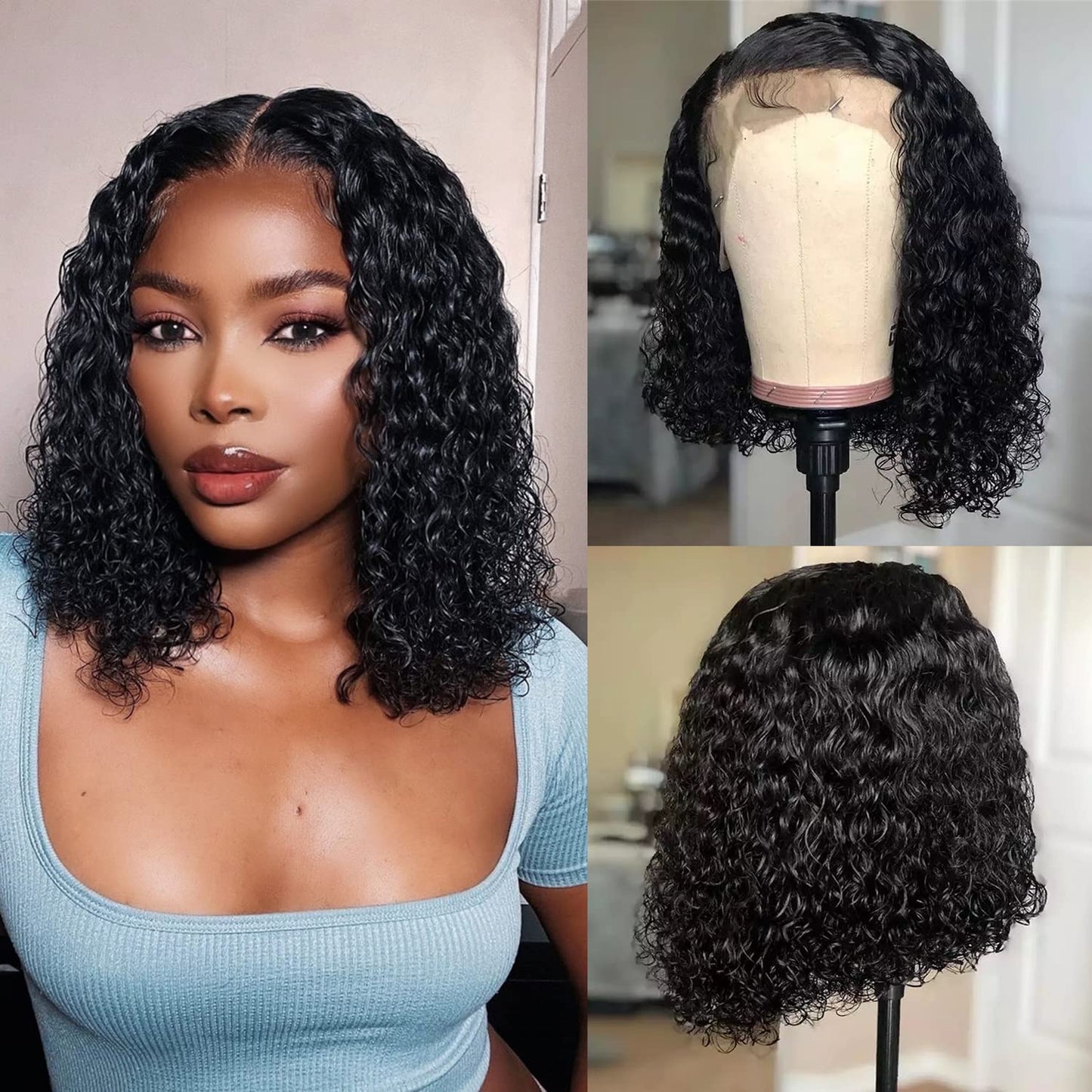 13x4 /4x4  Natural Black HD lace 8A Deepwave Bob Wigs Brazilian 180% Density