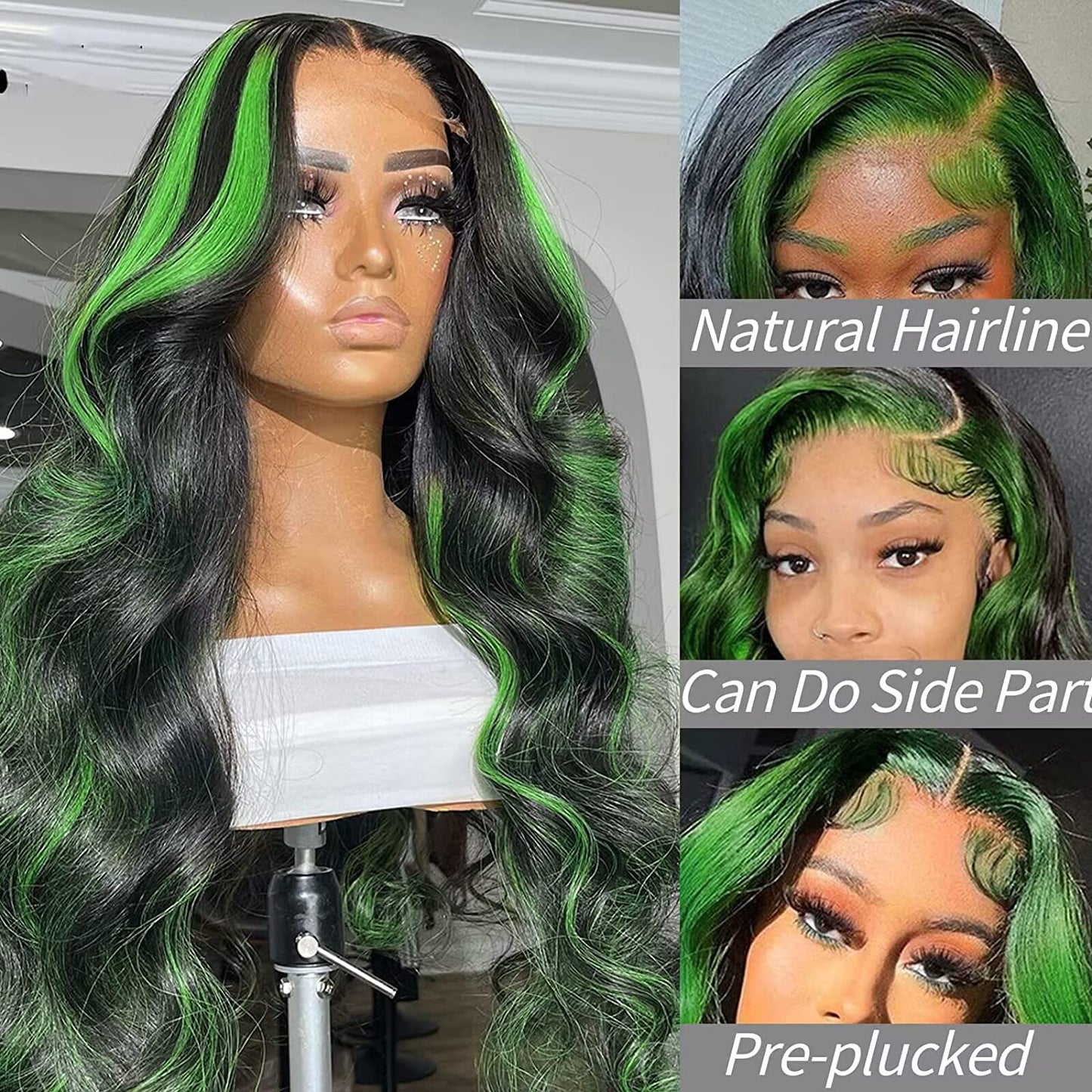 13x4 HD  Green Skunk stripe 180% Brazillian Remy Lace Front 14-26