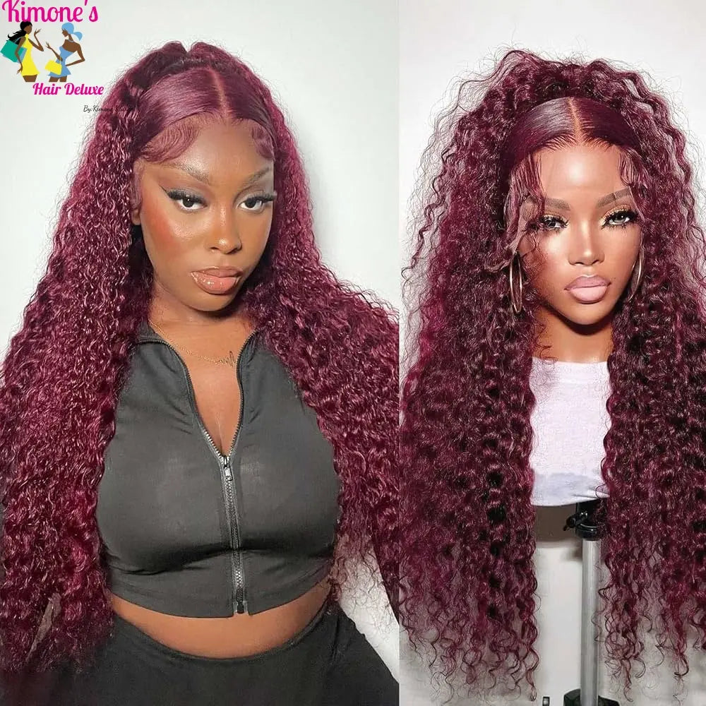 Bold Color | 99J Burgundy Deep Wave Wig | 13x6 HD Transparent Lace | Pre-Plucked | 200% Density | 18"-36" Kimone's Hair Deluxe