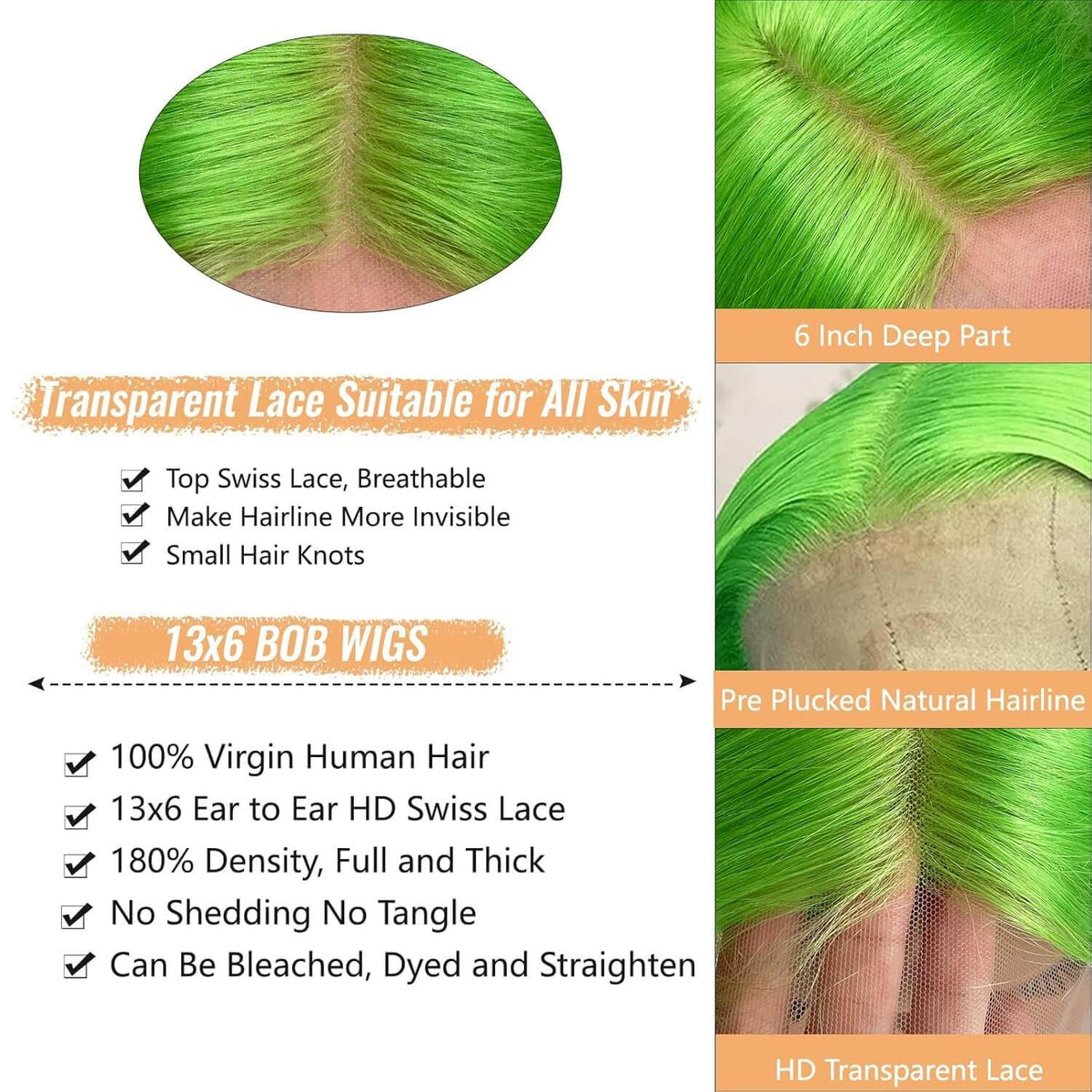 Bold Color | Neon Green Deep Wave Wig | 13x6 HD Lace Front | 180% Density | 100% Human Hair | 20"-34"