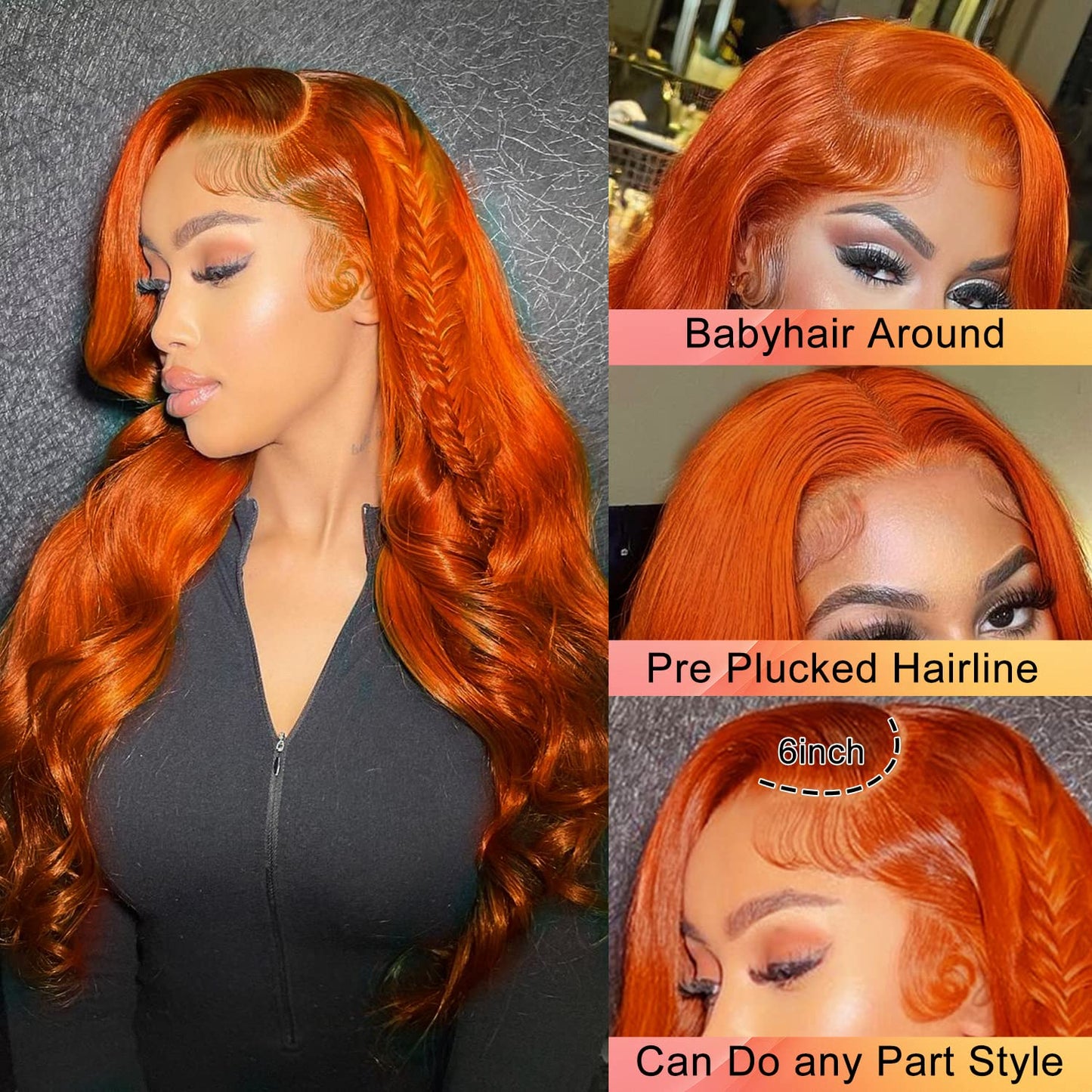 13x4 12A Ginger Bright Orange HD Transparent 180% Lace Front  Body Wave 100%Peruvian Virgin Hair