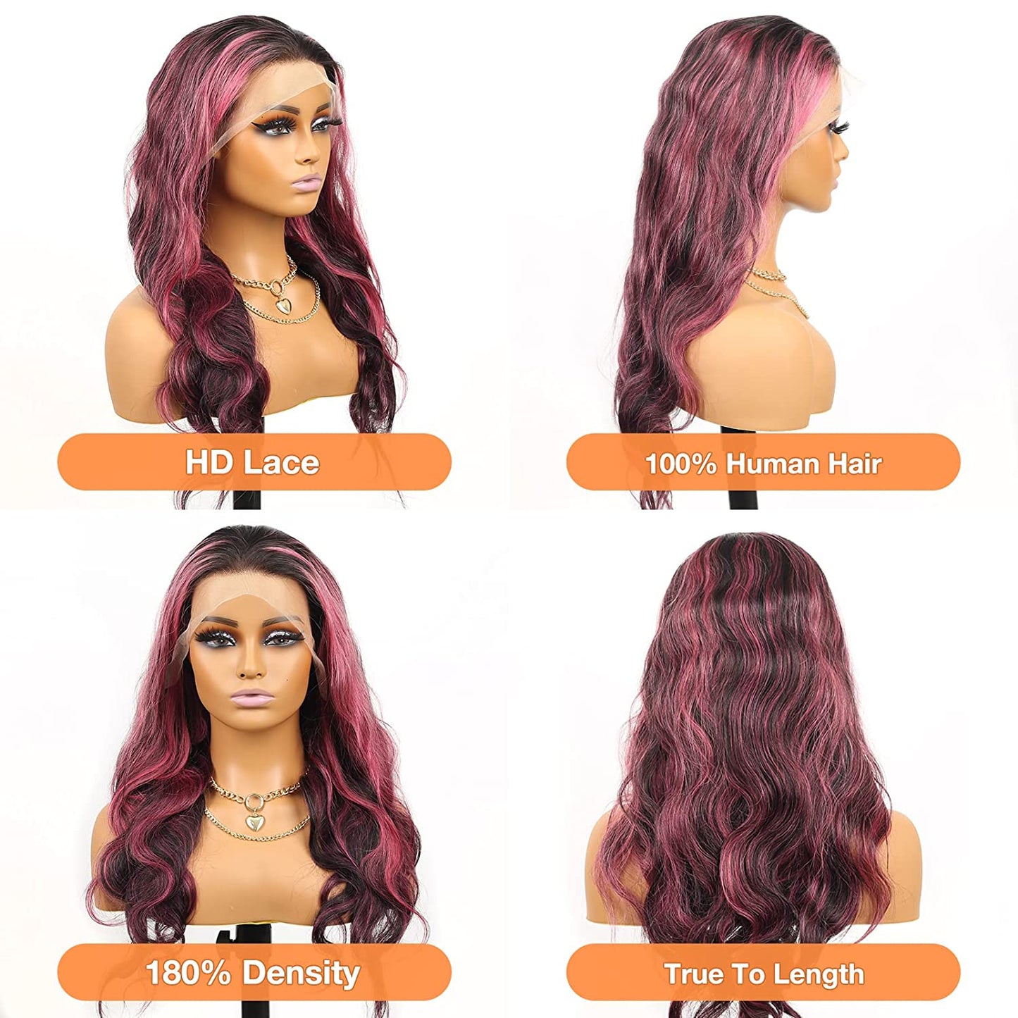 13x4 Transparent Lace Wig Balayage Straight Colored Higlighted Pink 180% density 10-28