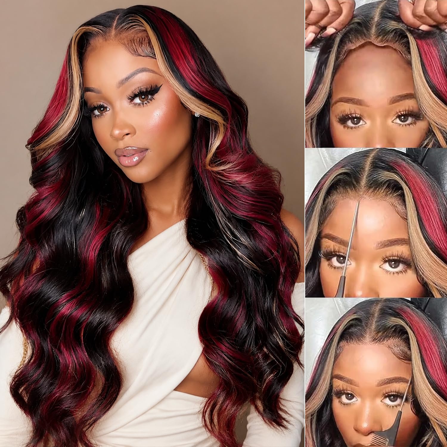 Black Red Blonde Highlight Body Wave Wig | 13x6 HD Lace Front | 180% Density | Pre-Plucked | Kimone's Hair Deluxe Kimone's Hair Deluxe