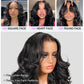 Black wig with pre-curtain bangs displayed on a mannequin head, suitable for various face shapes.