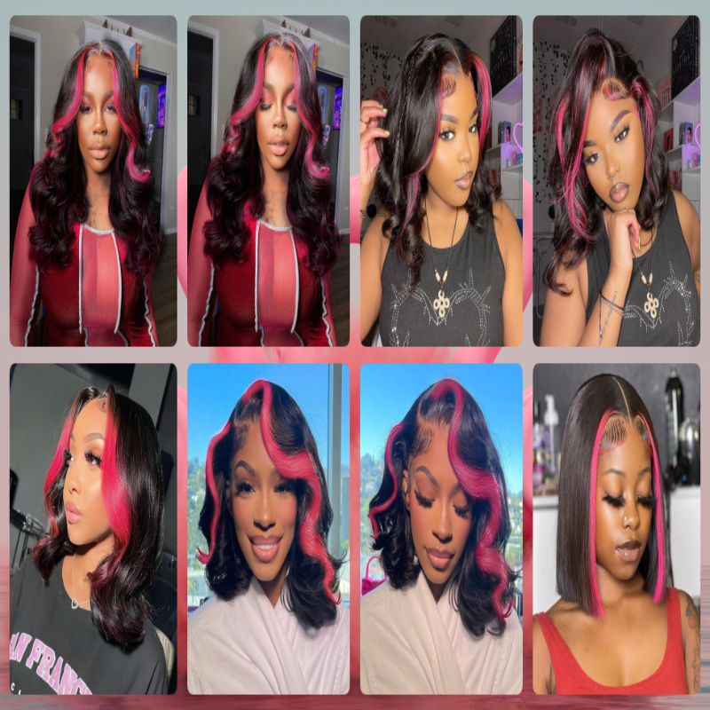 13x4 HD Transparent Lace Frontal Wig with Hot Pink Skunk Stripe, 100% Virgin Human Hair Straight Texture, Pre-plucked Natural Hairline