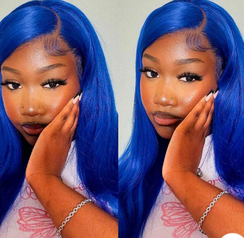 13x4 9A Blue Transparent Lace Wig Straight  Lace Front Human Hair  180% 8-24